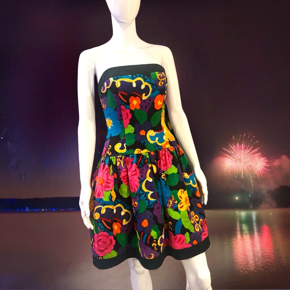🌈 Vintage A.J. Bari Strapless Floral Mini Dress – Bright 80s Statement